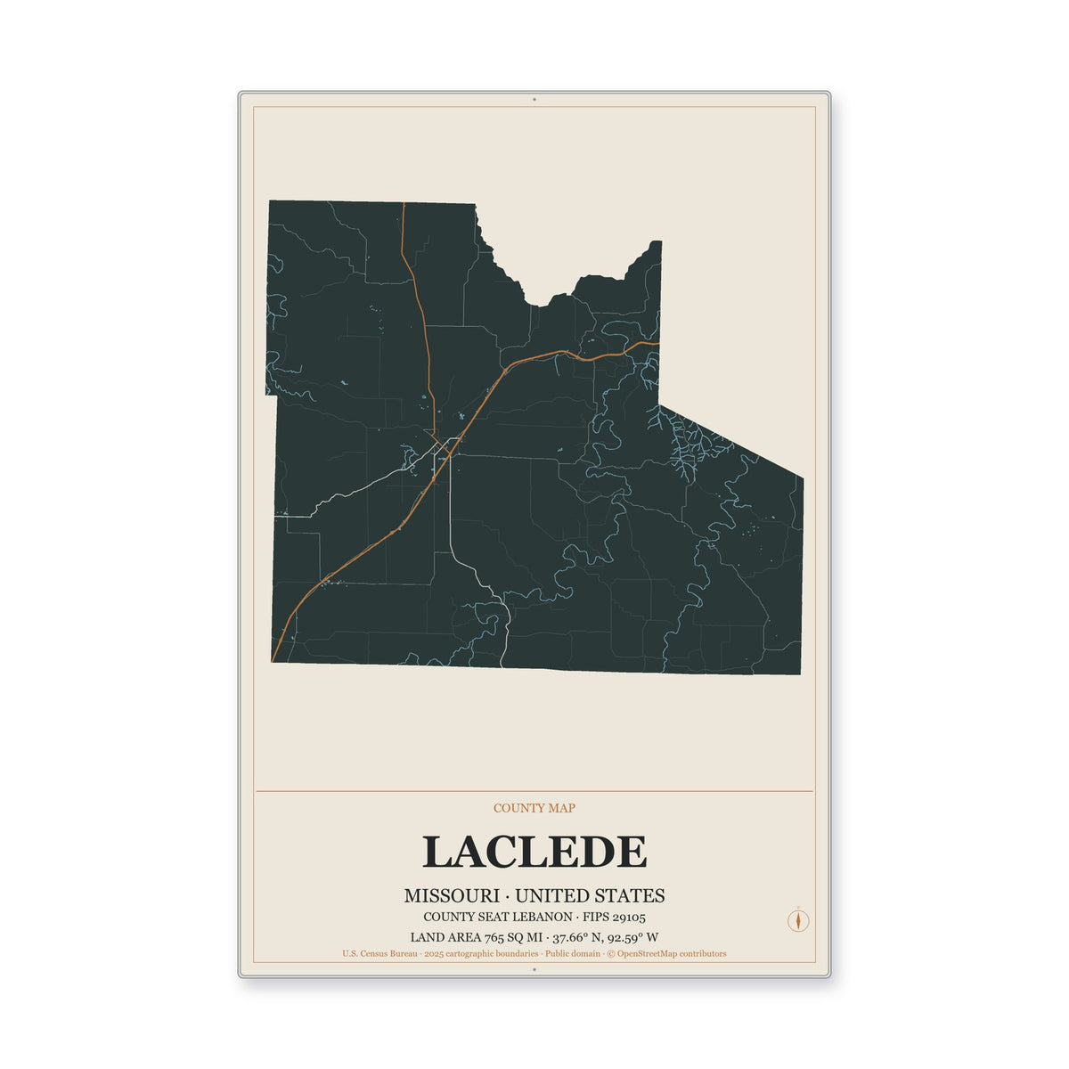 Laclede County, Missouri Map Aluminum Sign in Headline Atlas style