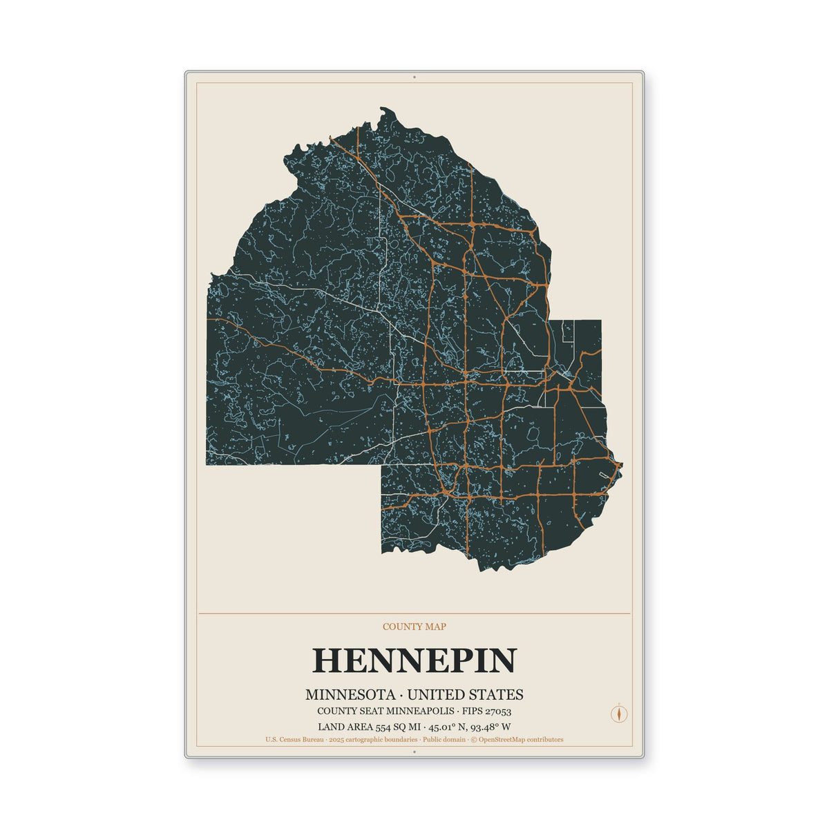 Hennepin County, Minnesota Map Aluminum Sign in Headline Atlas style