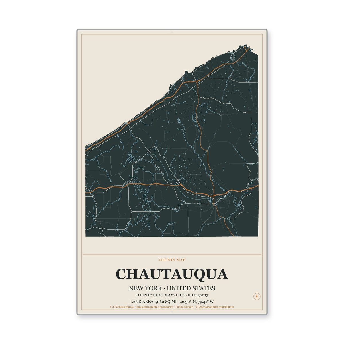 Chautauqua County, New York Map Aluminum Sign in Headline Atlas style