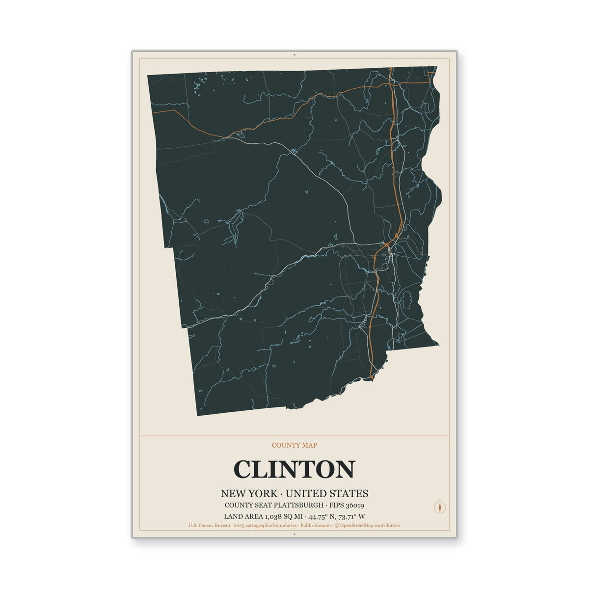 Clinton County, New York Map Aluminum Sign in Headline Atlas style