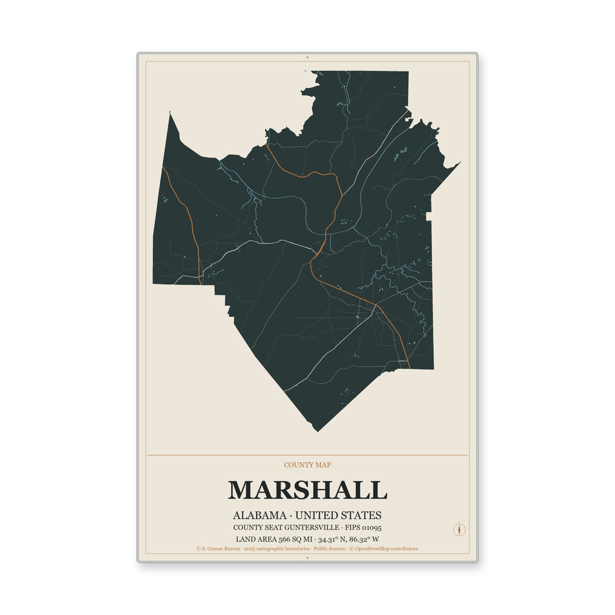 Marshall County, Alabama Map Aluminum Sign in Headline Atlas style