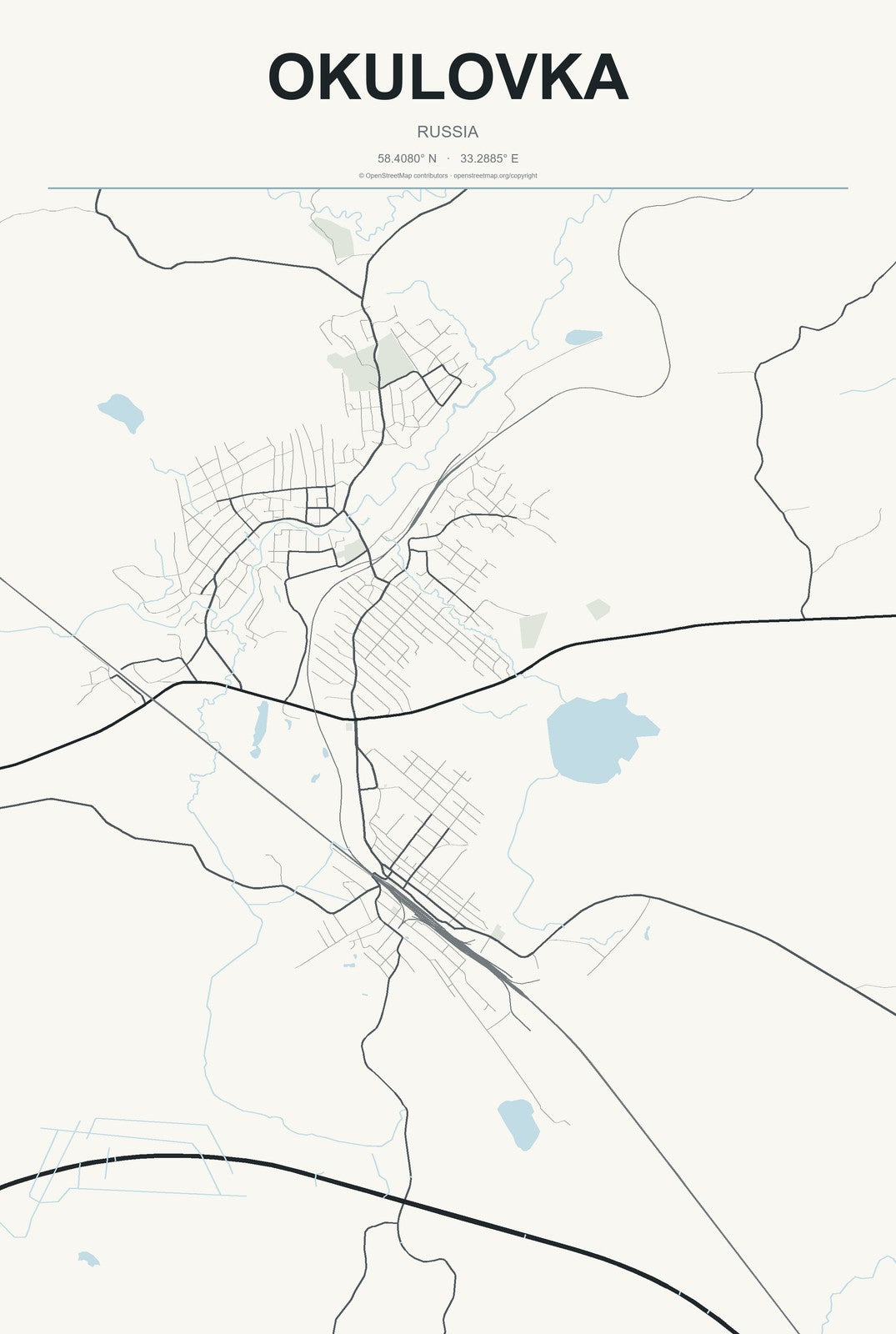 Okulovka, Russia City Map Aluminum Sign in Headline Atlas style