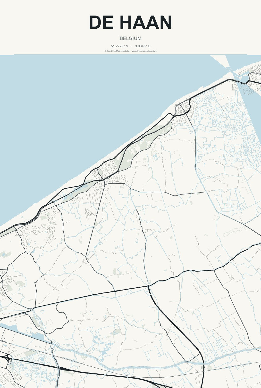 De Haan, Belgium City Map Aluminum Sign in Headline Atlas style