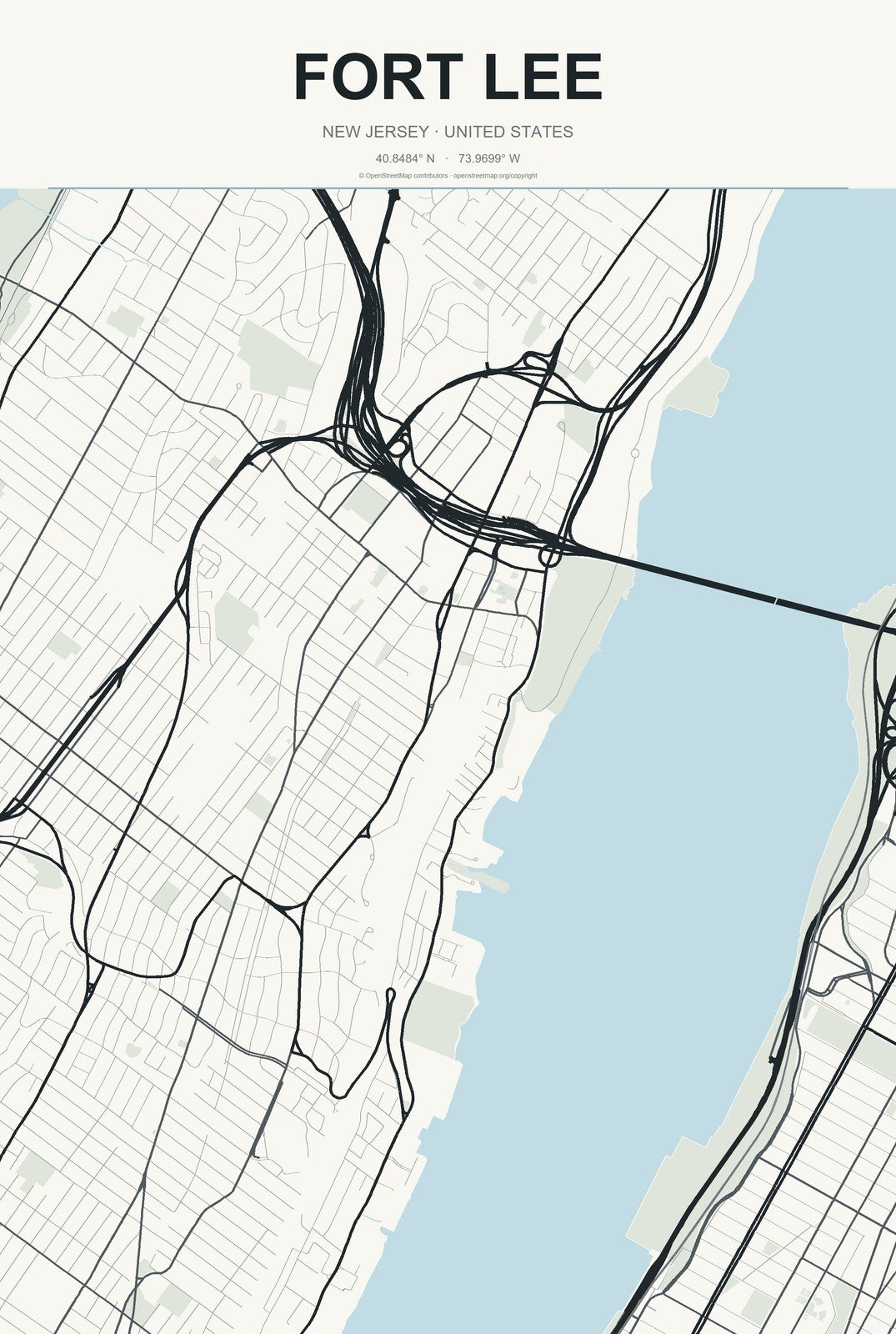 Fort Lee, New Jersey City Map Aluminum Sign in Headline Atlas style