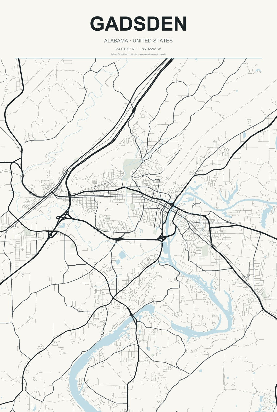 Gadsden, Alabama City Map Aluminum Sign in Headline Atlas style