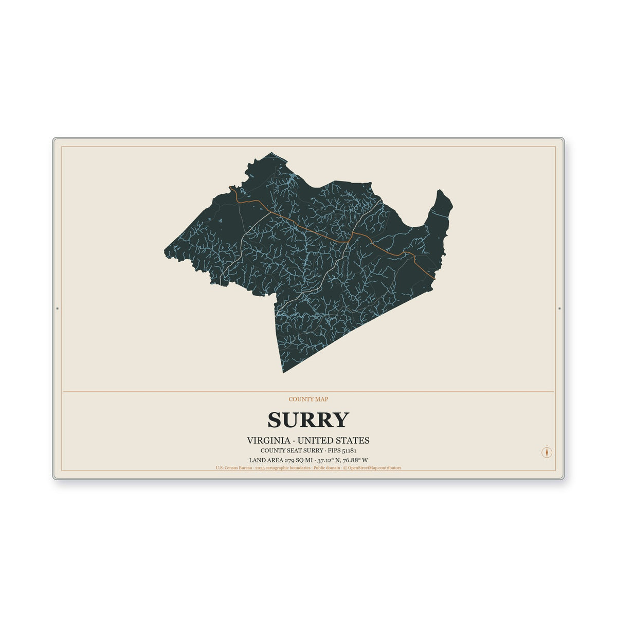 Surry County, Virginia Map Aluminum Sign in Headline Atlas style