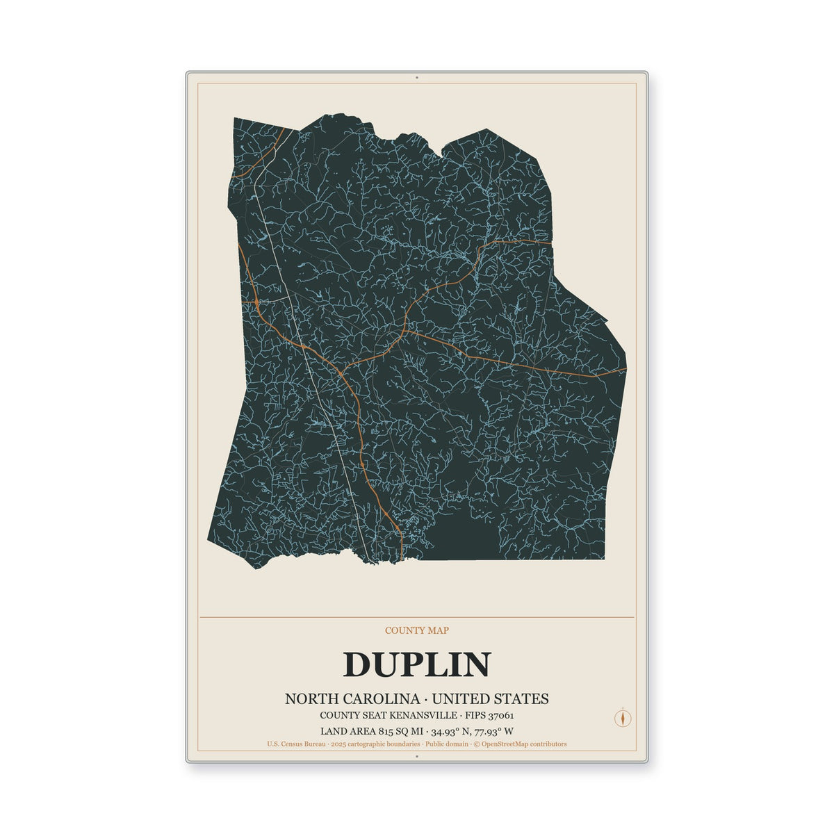 Duplin County, North Carolina Map Aluminum Sign in Headline Atlas style