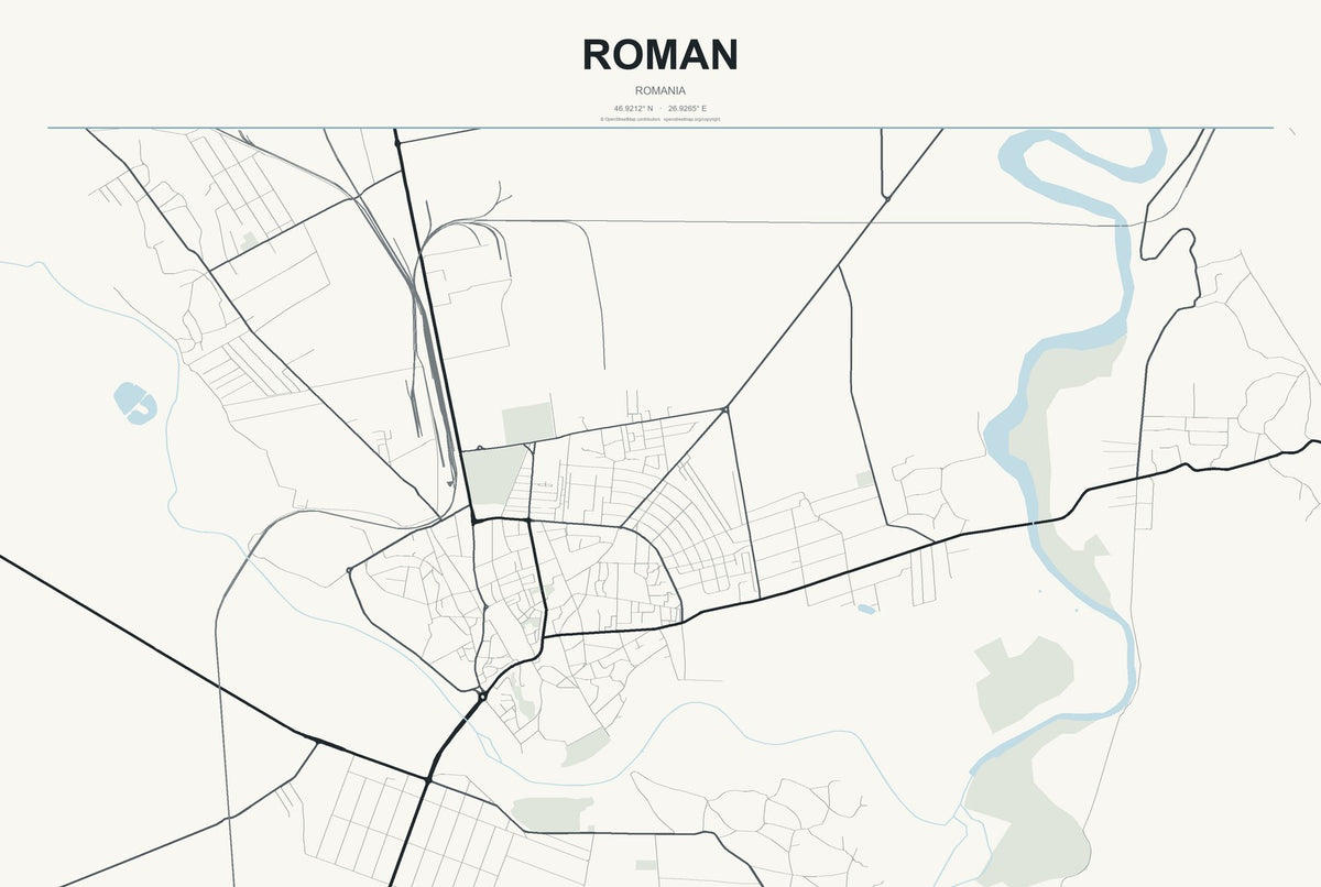 Roman, Romania City Map Aluminum Sign in Headline Atlas style
