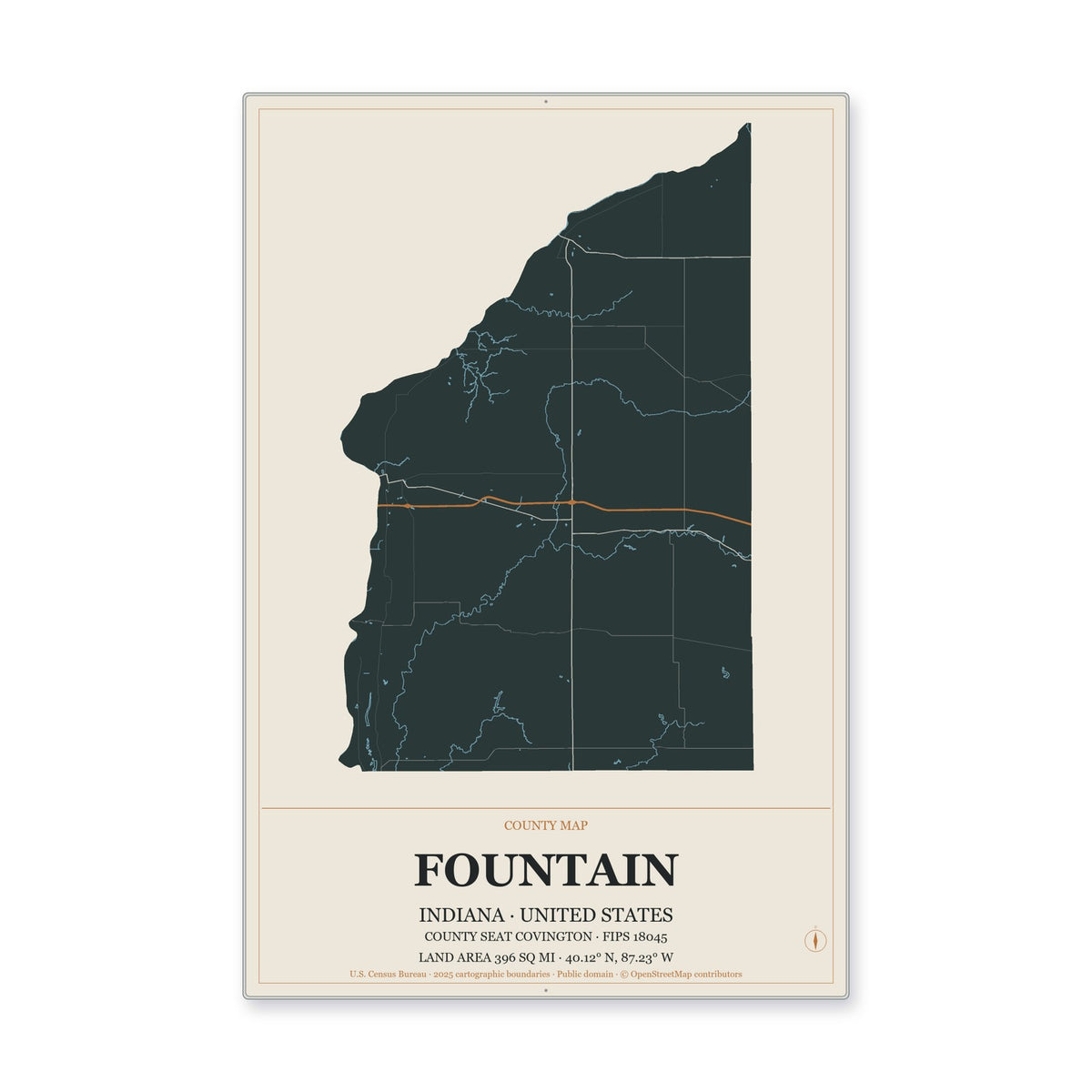 Fountain County, Indiana Map Aluminum Sign in Headline Atlas style