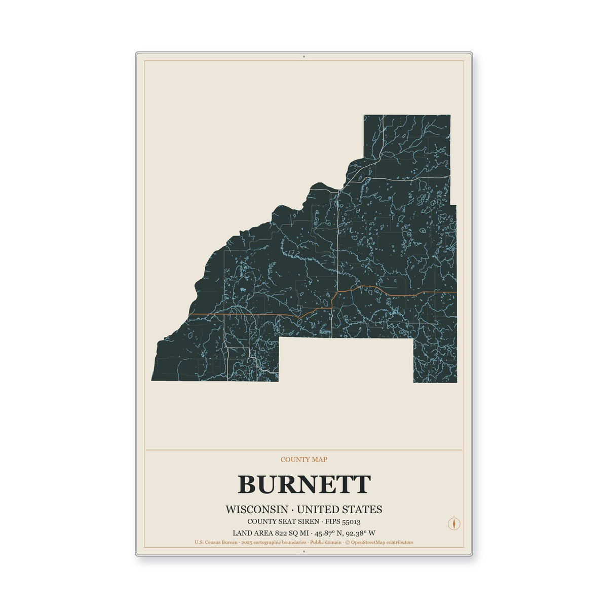 Burnett County, Wisconsin Map Aluminum Sign in Headline Atlas style