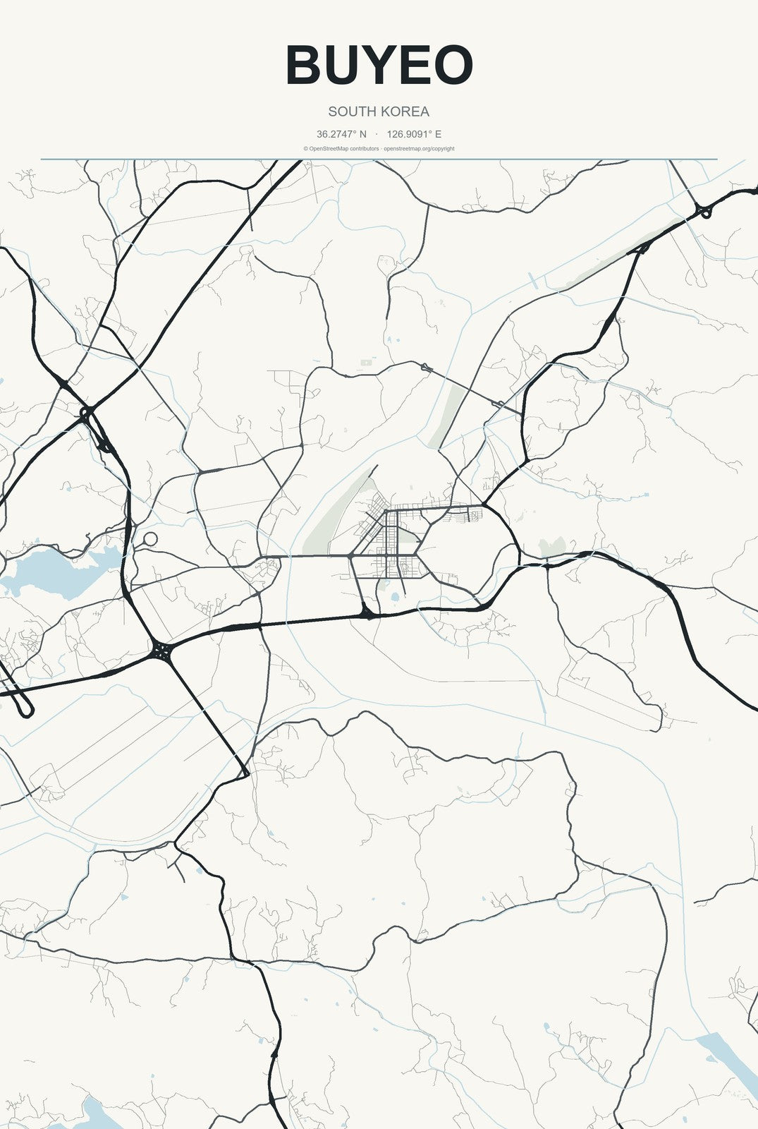 Buyeo, South Korea City Map Aluminum Sign in Headline Atlas style