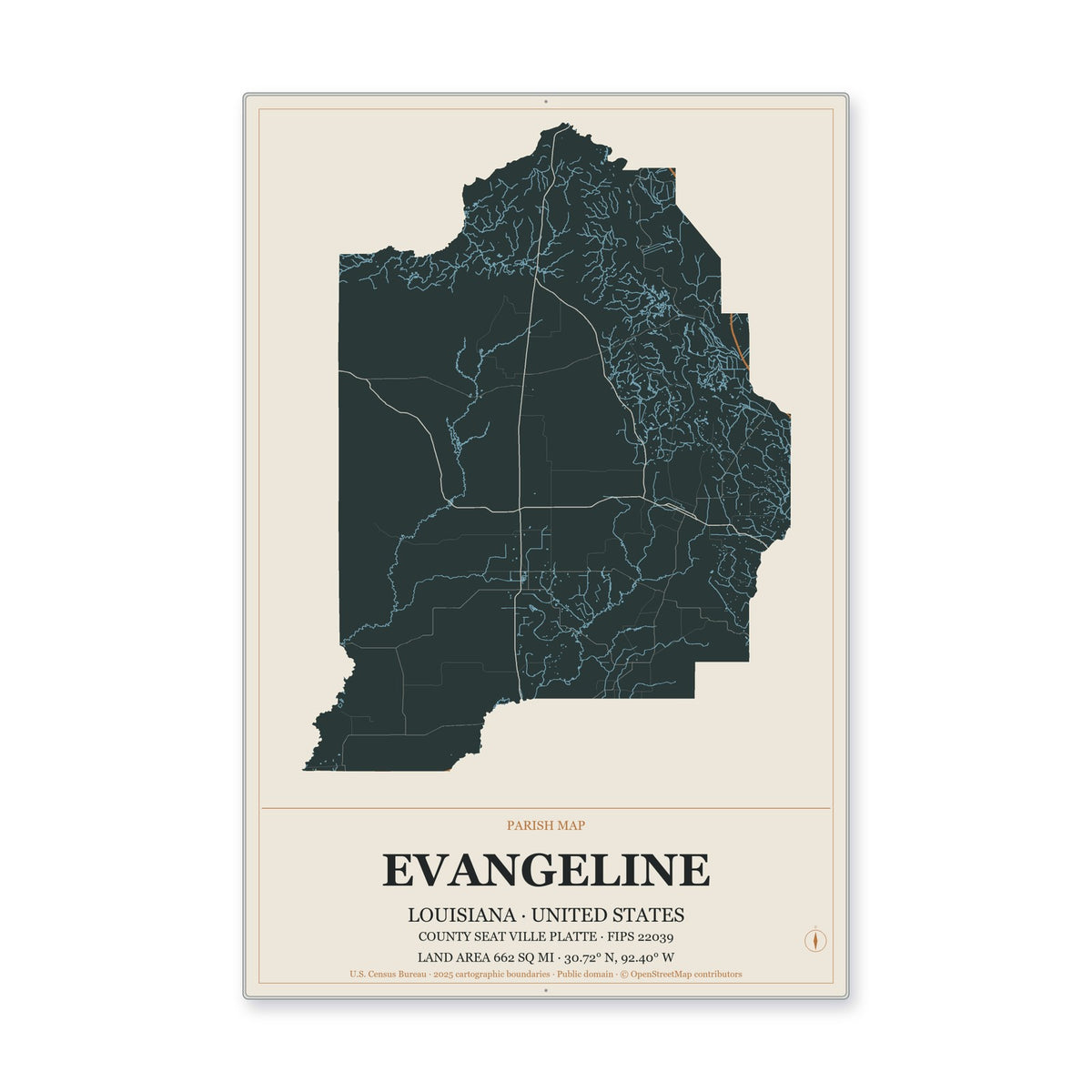Evangeline Parish, Louisiana Map Aluminum Sign in Headline Atlas style