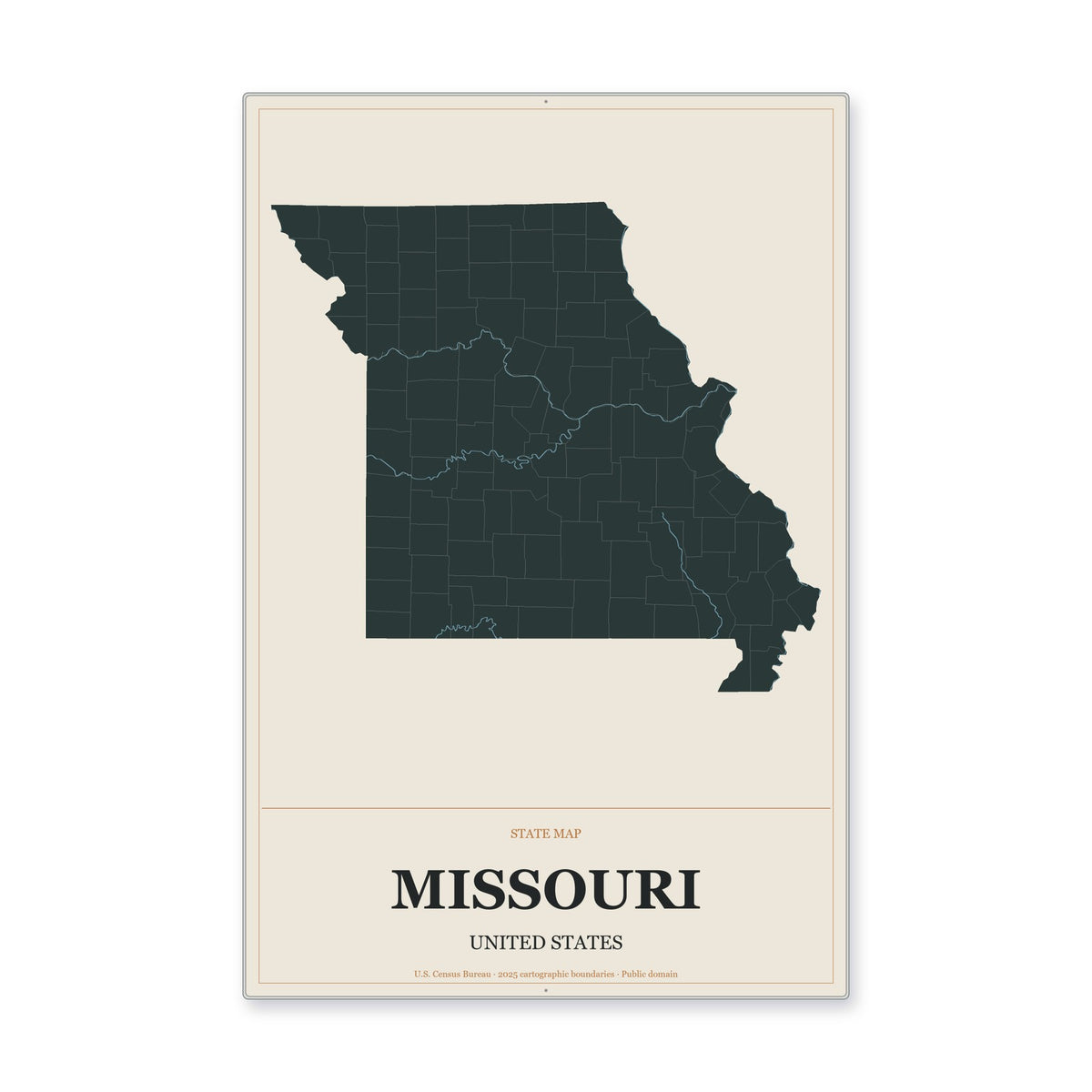 Missouri state map aluminum sign in Headline Atlas style