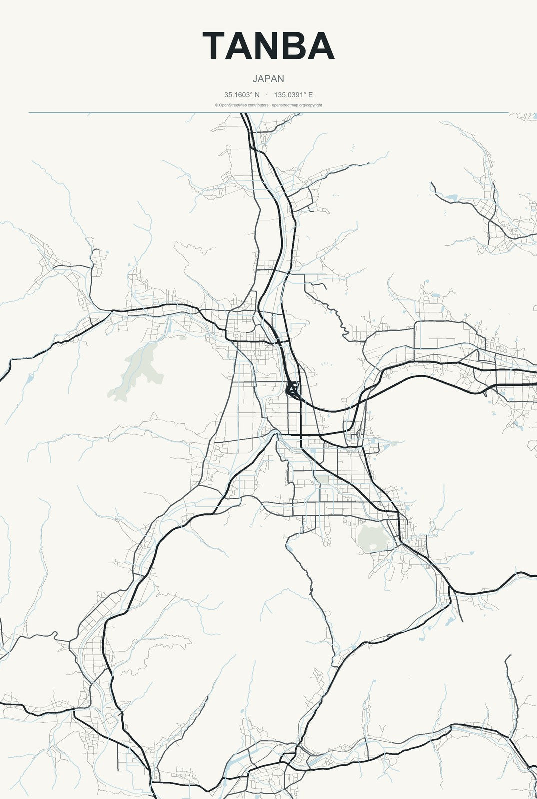 Tanba, Japan City Map Aluminum Sign in Headline Atlas style
