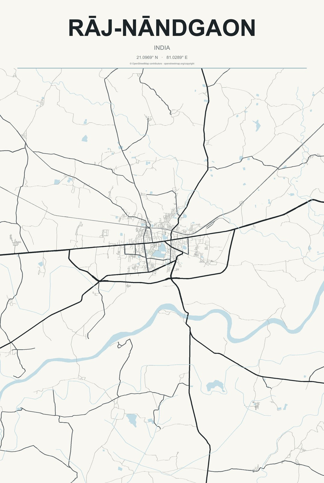 Rāj-Nāndgaon, India City Map Aluminum Sign in Headline Atlas style
