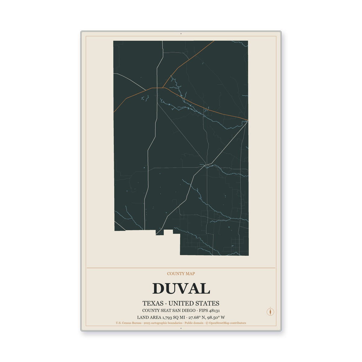 Duval County, Texas Map Aluminum Sign in Headline Atlas style