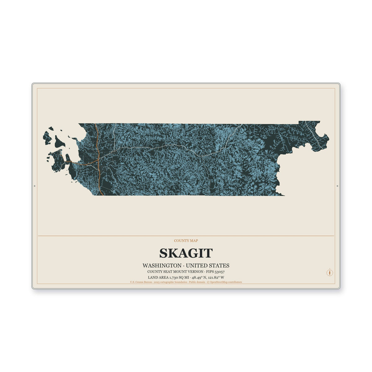 Skagit County, Washington Map Aluminum Sign in Headline Atlas style
