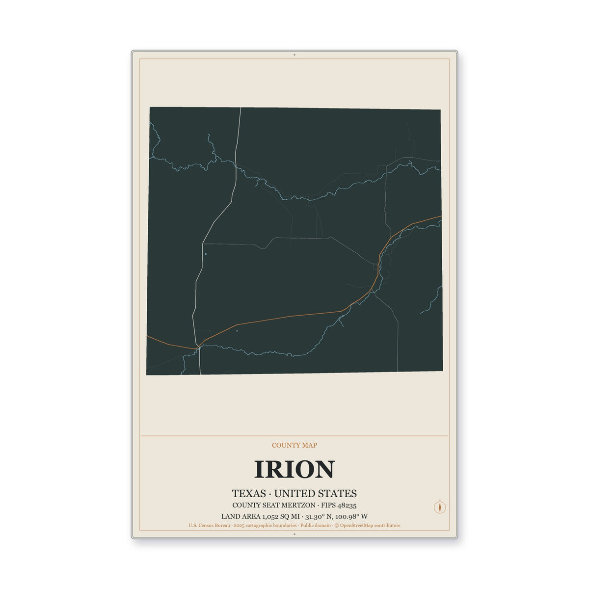 Irion County, Texas Map Aluminum Sign in Headline Atlas style