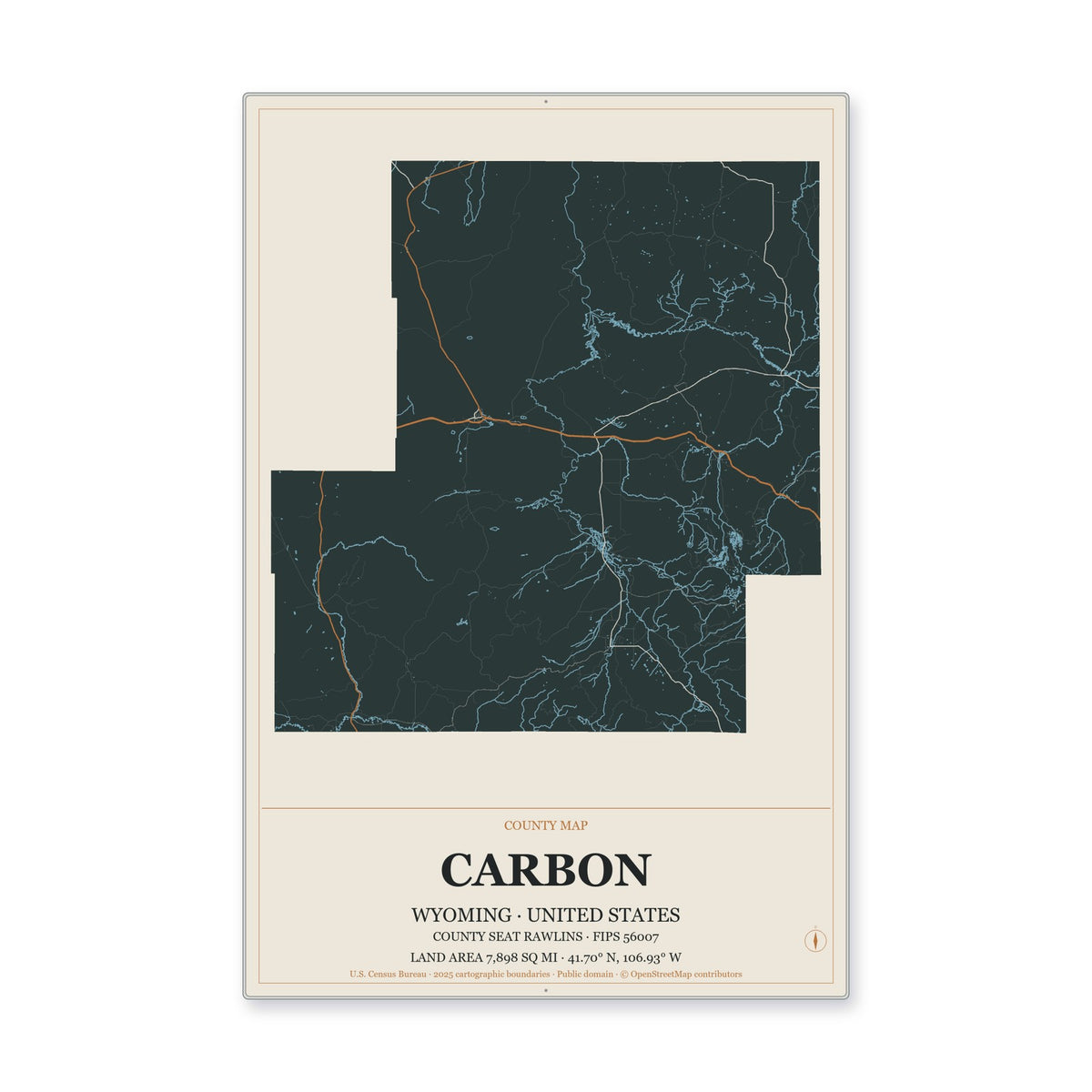 Carbon County, Wyoming Map Aluminum Sign in Headline Atlas style