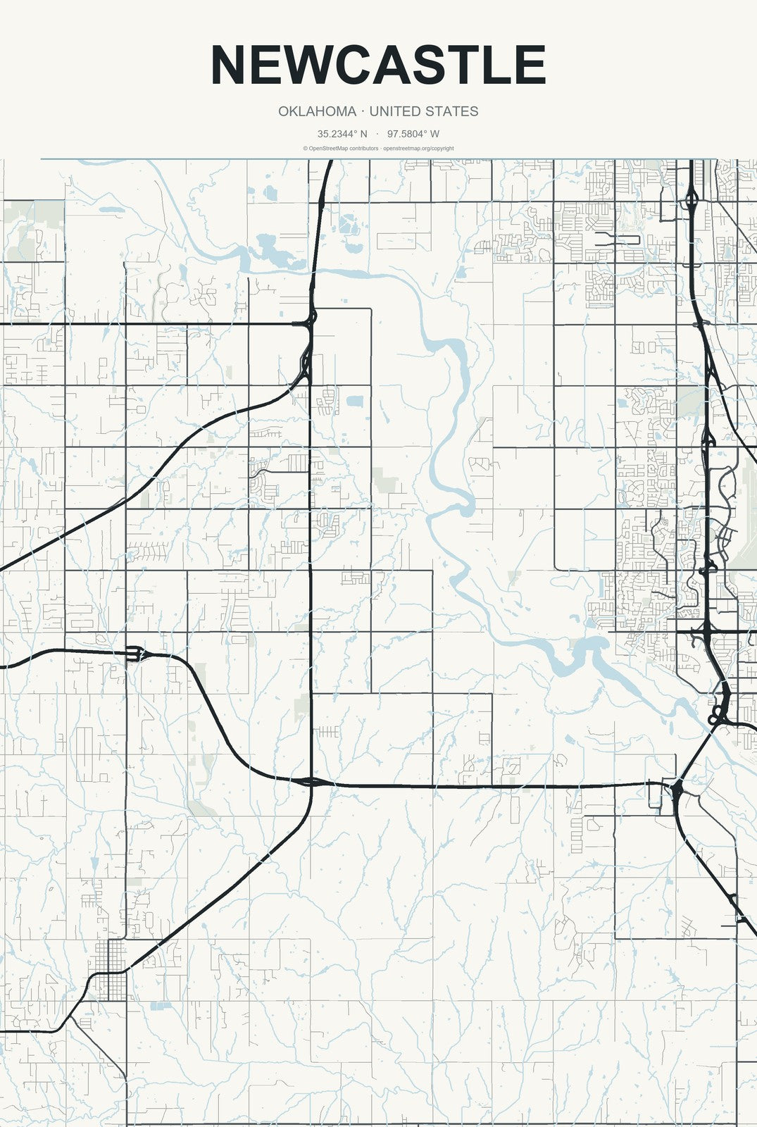 Newcastle, Oklahoma City Map Aluminum Sign in Headline Atlas style