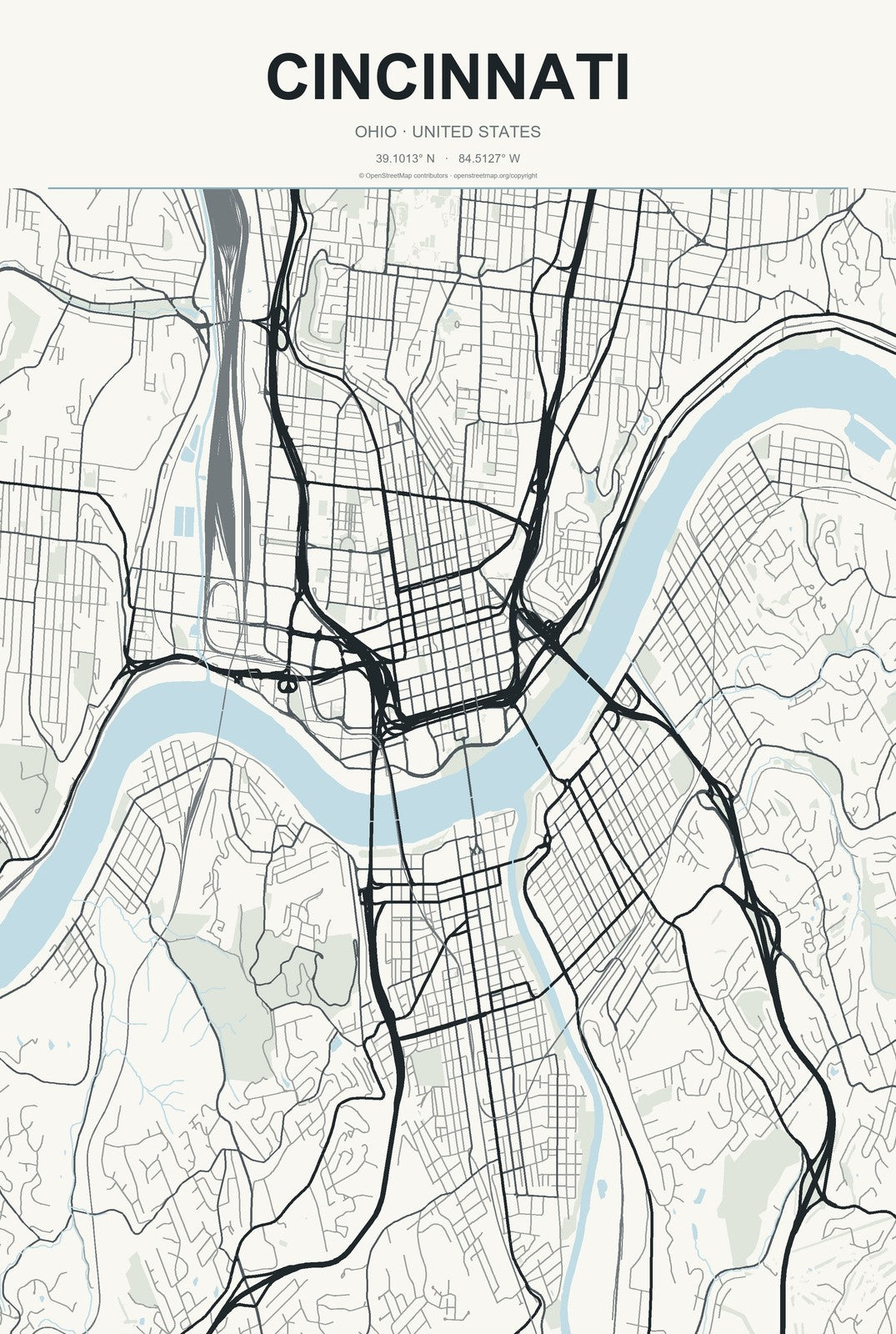 Cincinnati, Ohio City Map Aluminum Sign in Headline Atlas style