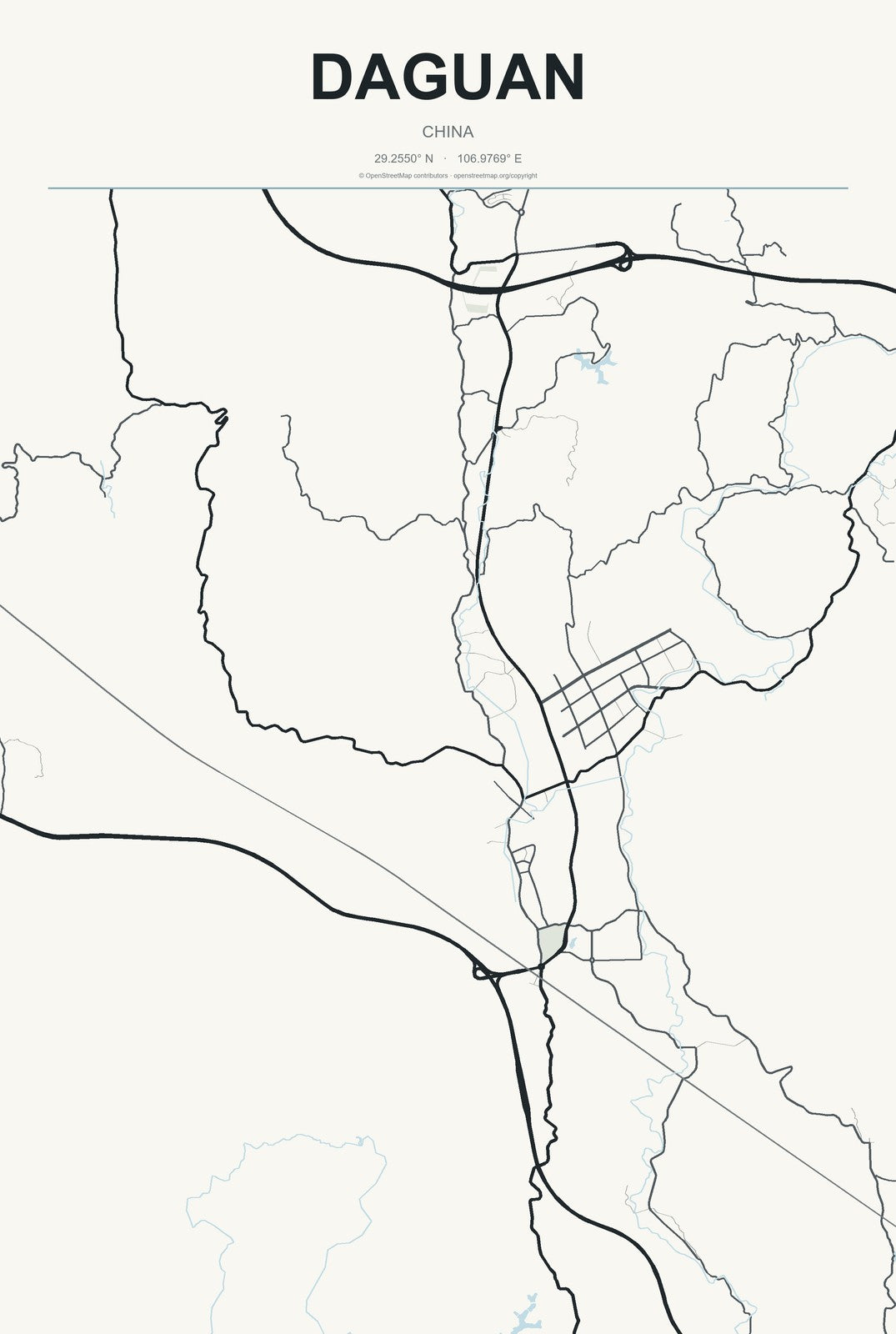 Daguan, China City Map Aluminum Sign in Headline Atlas style