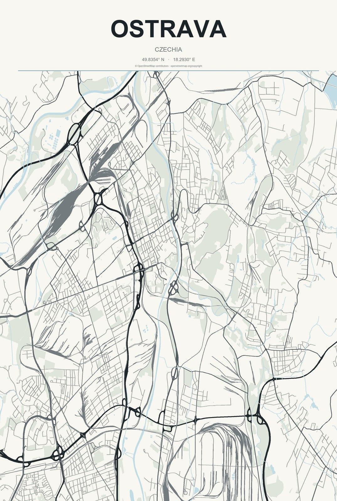 Ostrava, Czechia City Map Aluminum Sign in Headline Atlas style