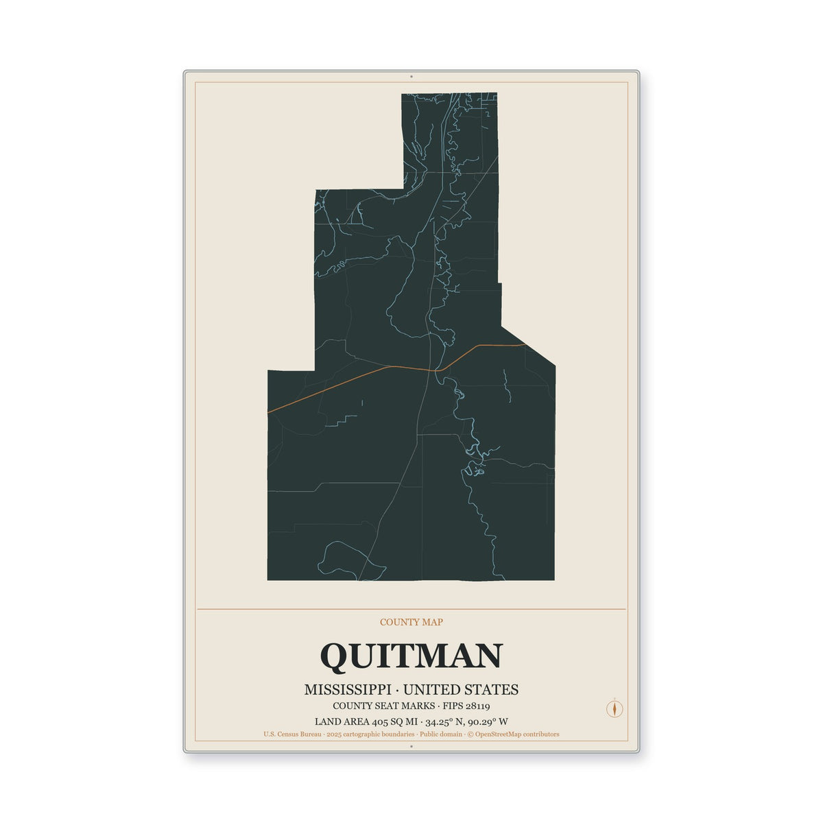 Quitman County, Mississippi Map Aluminum Sign in Headline Atlas style