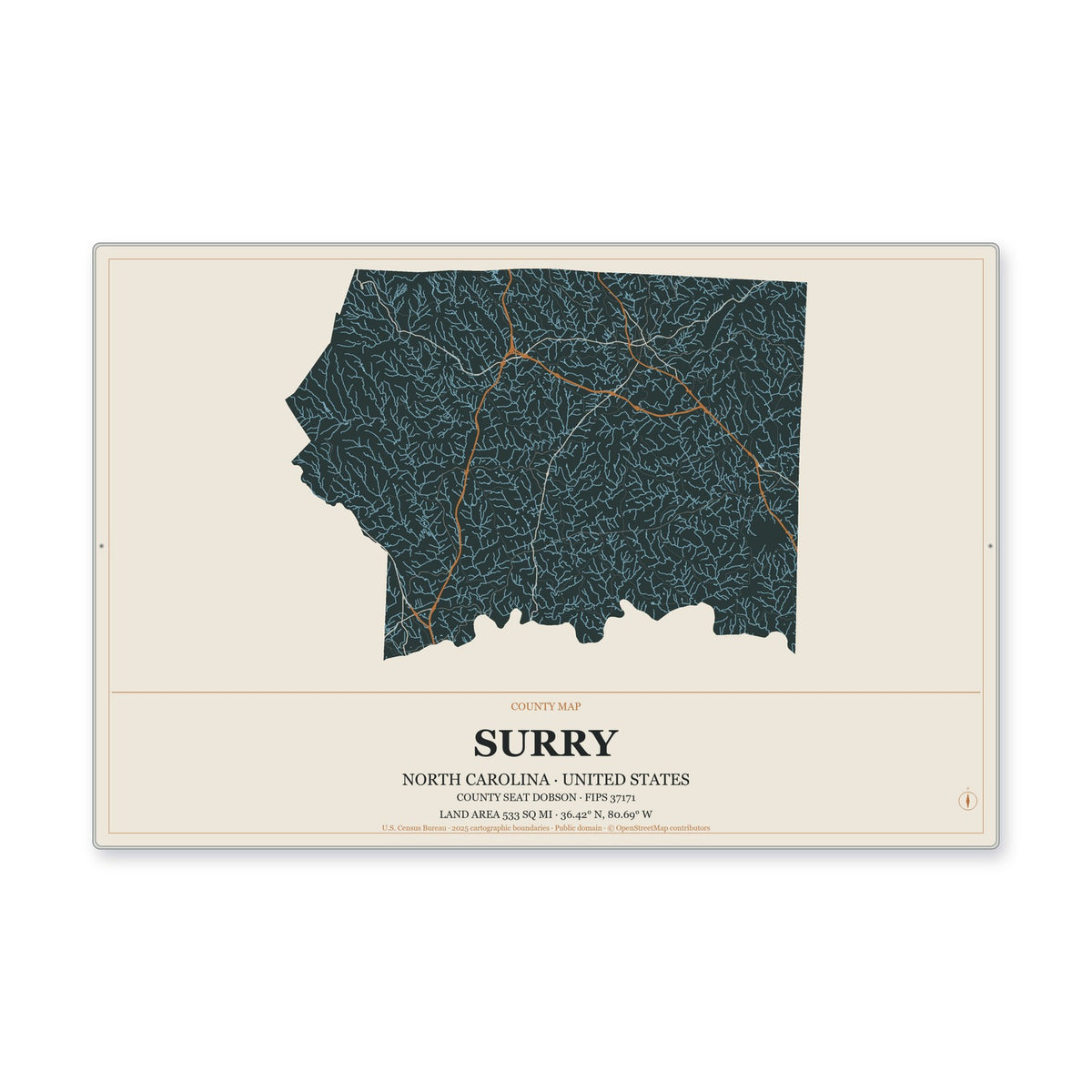 Surry County, North Carolina Map Aluminum Sign in Headline Atlas style