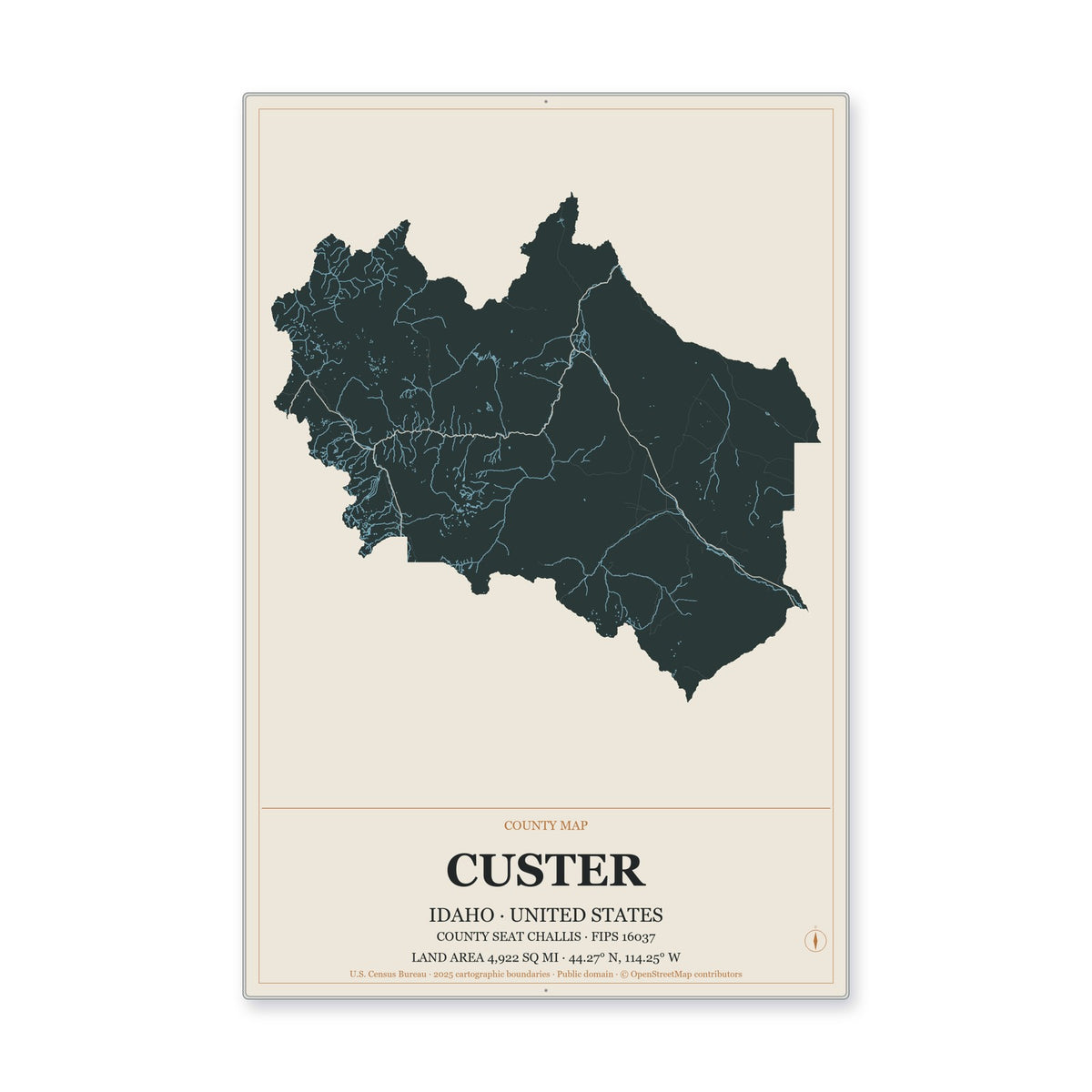 Custer County, Idaho Map Aluminum Sign in Headline Atlas style