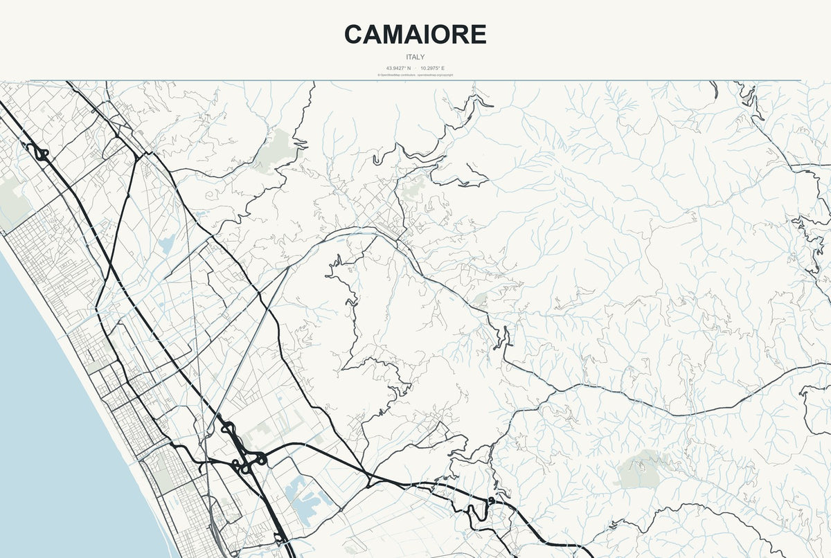 Camaiore, Italy City Map Aluminum Sign in Headline Atlas style