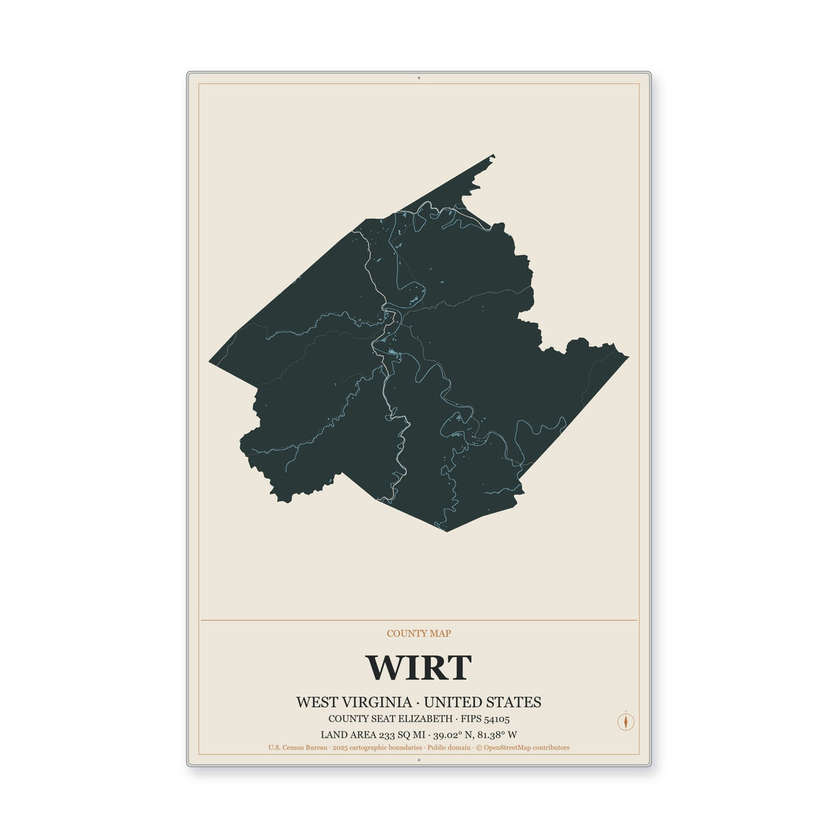 Wirt County, West Virginia Map Aluminum Sign in Headline Atlas style
