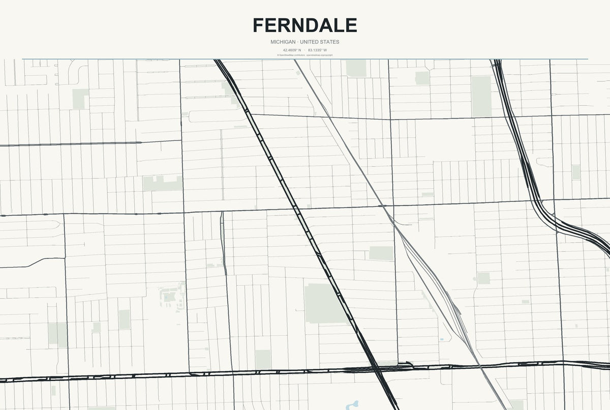 Ferndale, Michigan City Map Aluminum Sign in Headline Atlas style