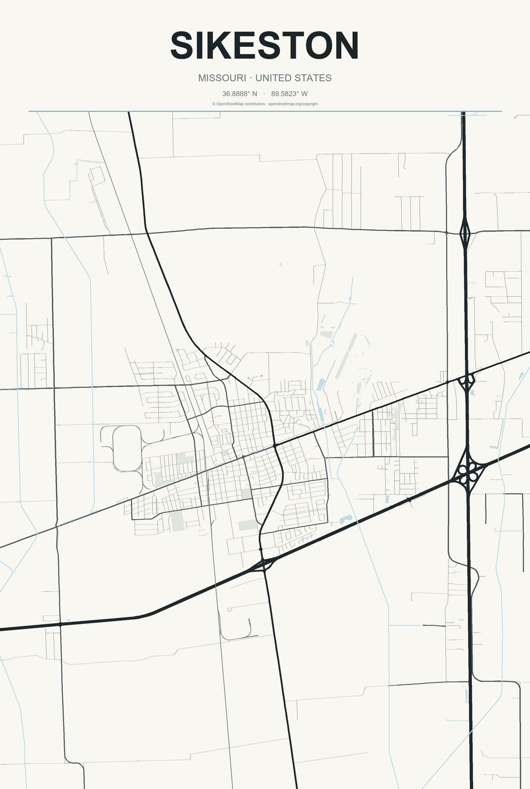 Sikeston, Missouri City Map Aluminum Sign in Headline Atlas style
