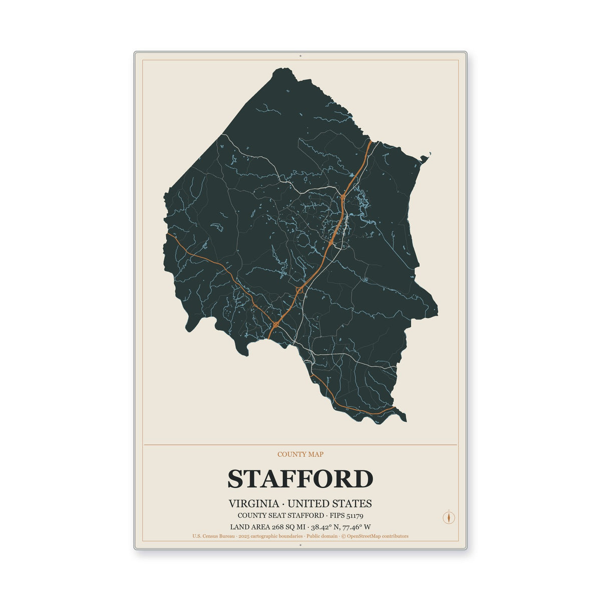 Stafford County, Virginia Map Aluminum Sign in Headline Atlas style