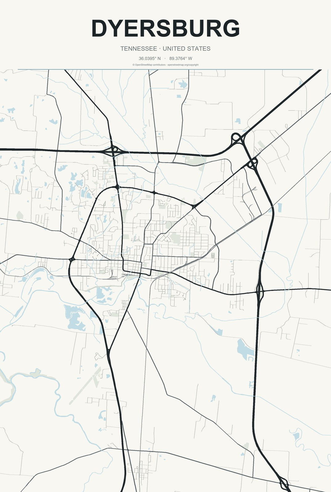 Dyersburg, Tennessee City Map Aluminum Sign in Headline Atlas style