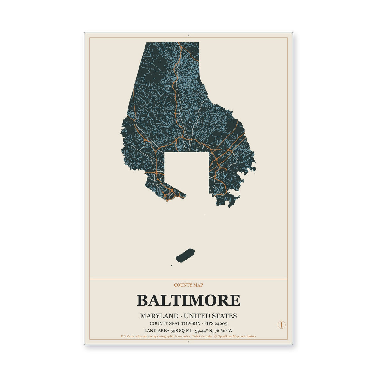 Baltimore County, Maryland Map Aluminum Sign in Headline Atlas style