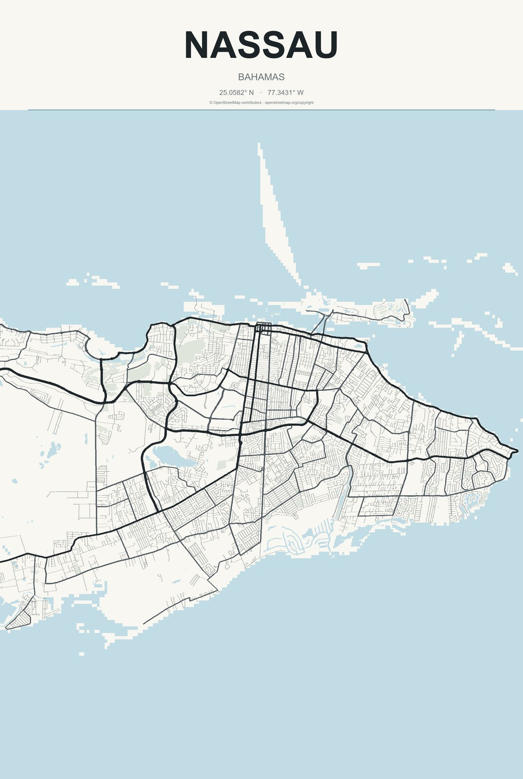 Nassau, Bahamas City Map Aluminum Sign in Headline Atlas style