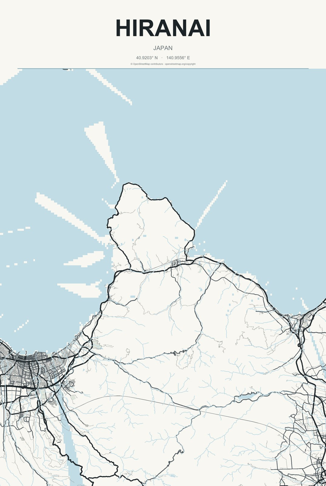 Hiranai, Japan City Map Aluminum Sign in Headline Atlas style