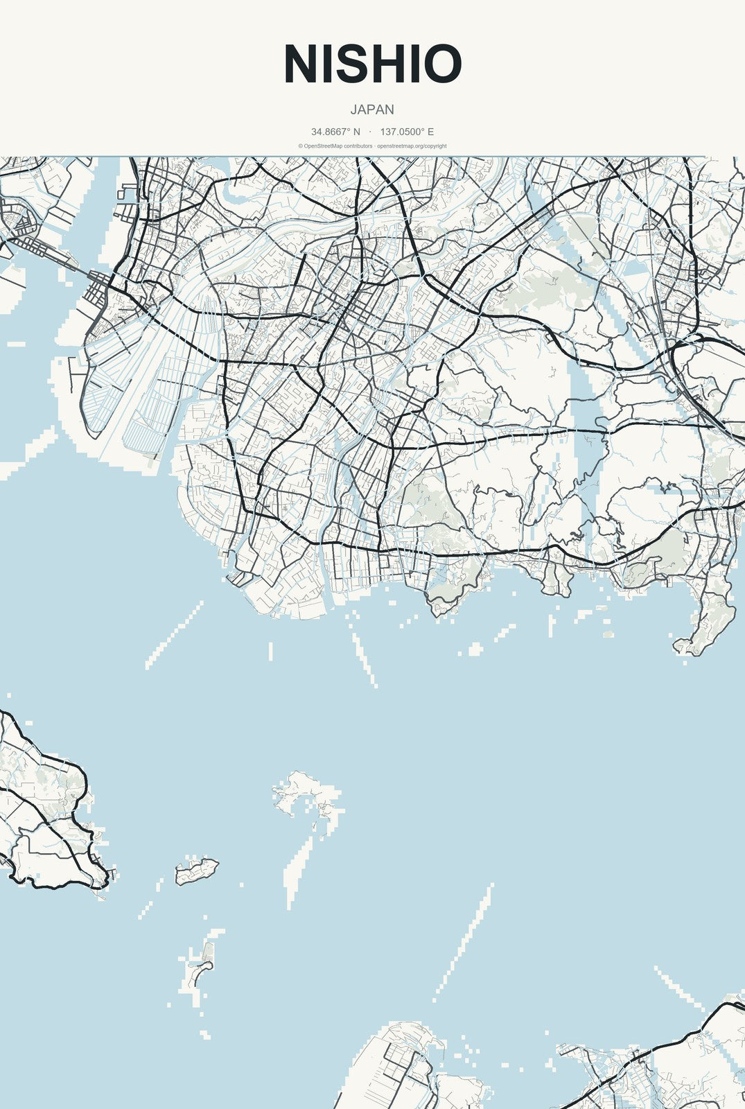 Nishio, Japan City Map Aluminum Sign in Headline Atlas style