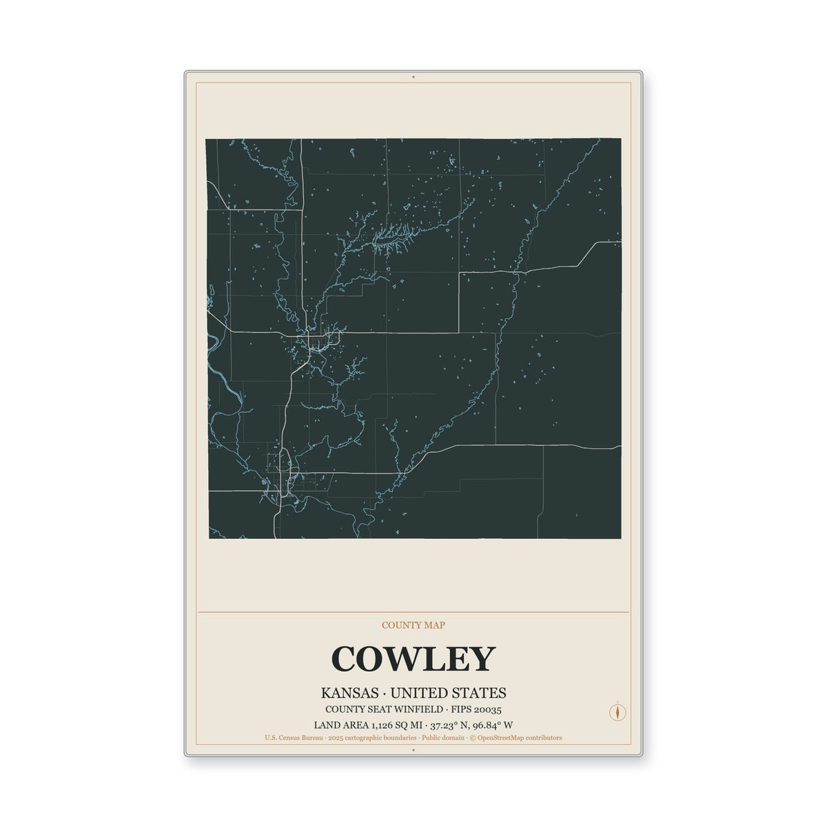 Cowley County, Kansas Map Aluminum Sign in Headline Atlas style