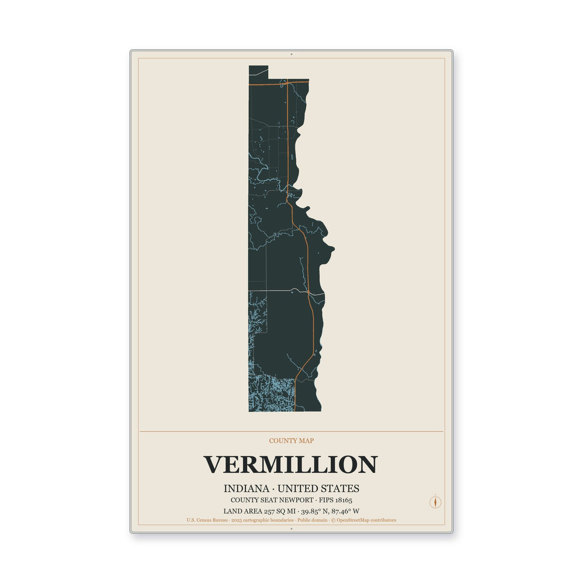 Vermillion County, Indiana Map Aluminum Sign in Headline Atlas style