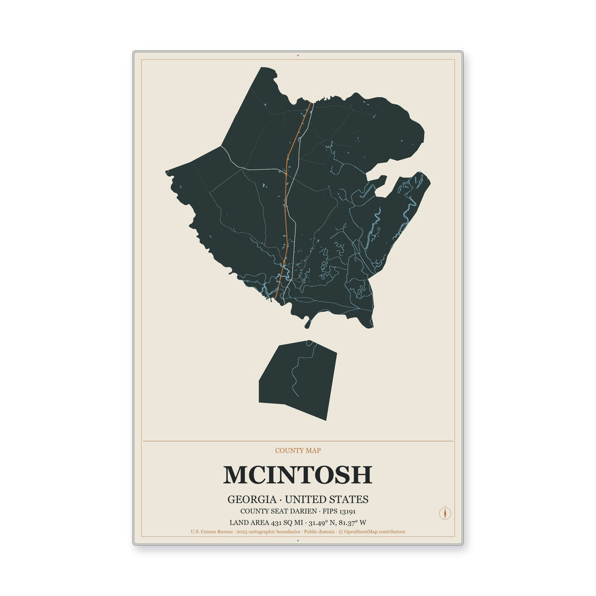 McIntosh County, Georgia Map Aluminum Sign in Headline Atlas style