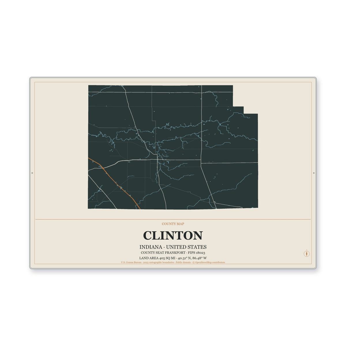 Clinton County, Indiana Map Aluminum Sign in Headline Atlas style