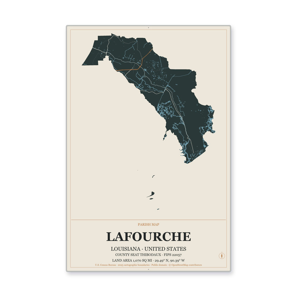Lafourche Parish, Louisiana Map Aluminum Sign in Headline Atlas style