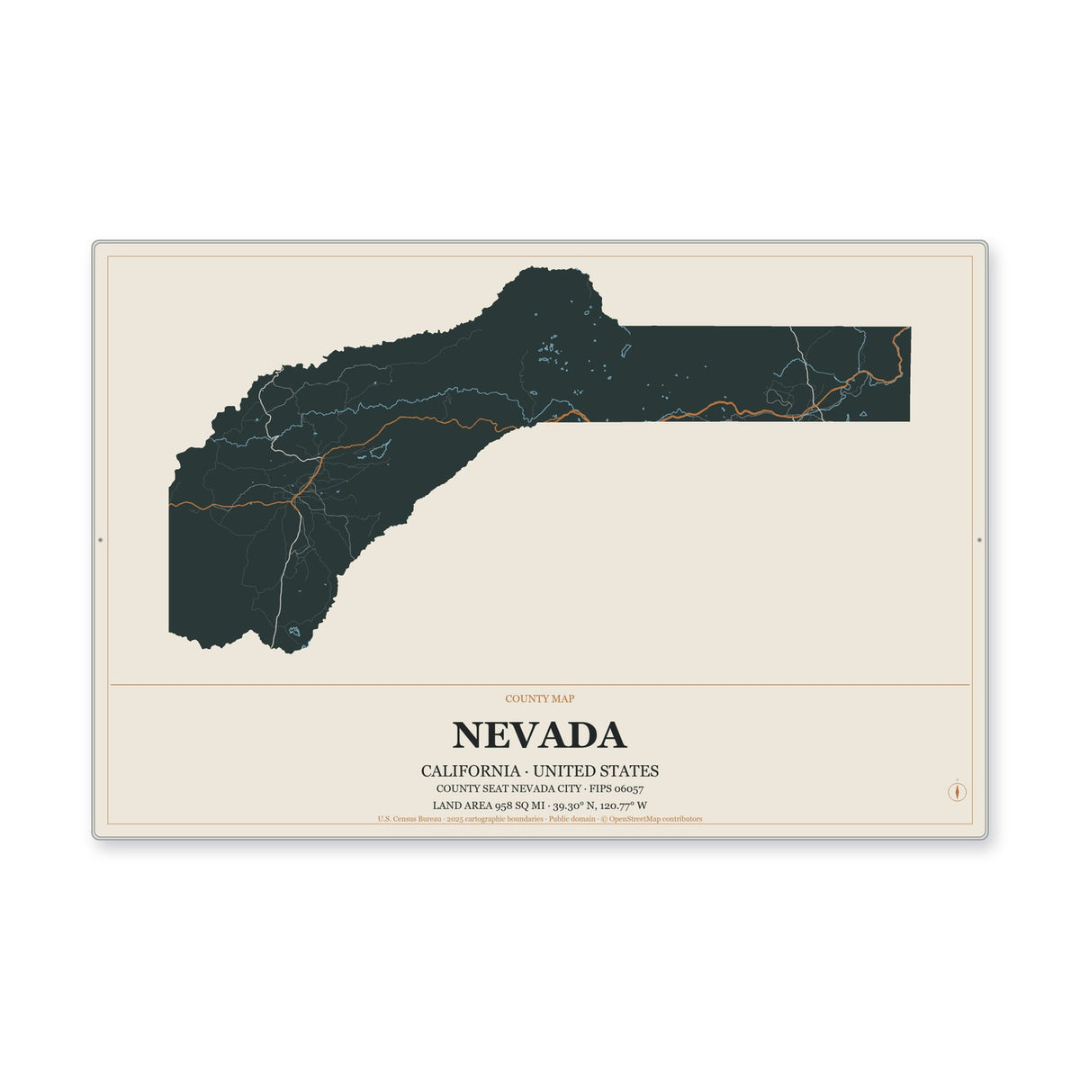 Nevada County, California Map Aluminum Sign in Headline Atlas style