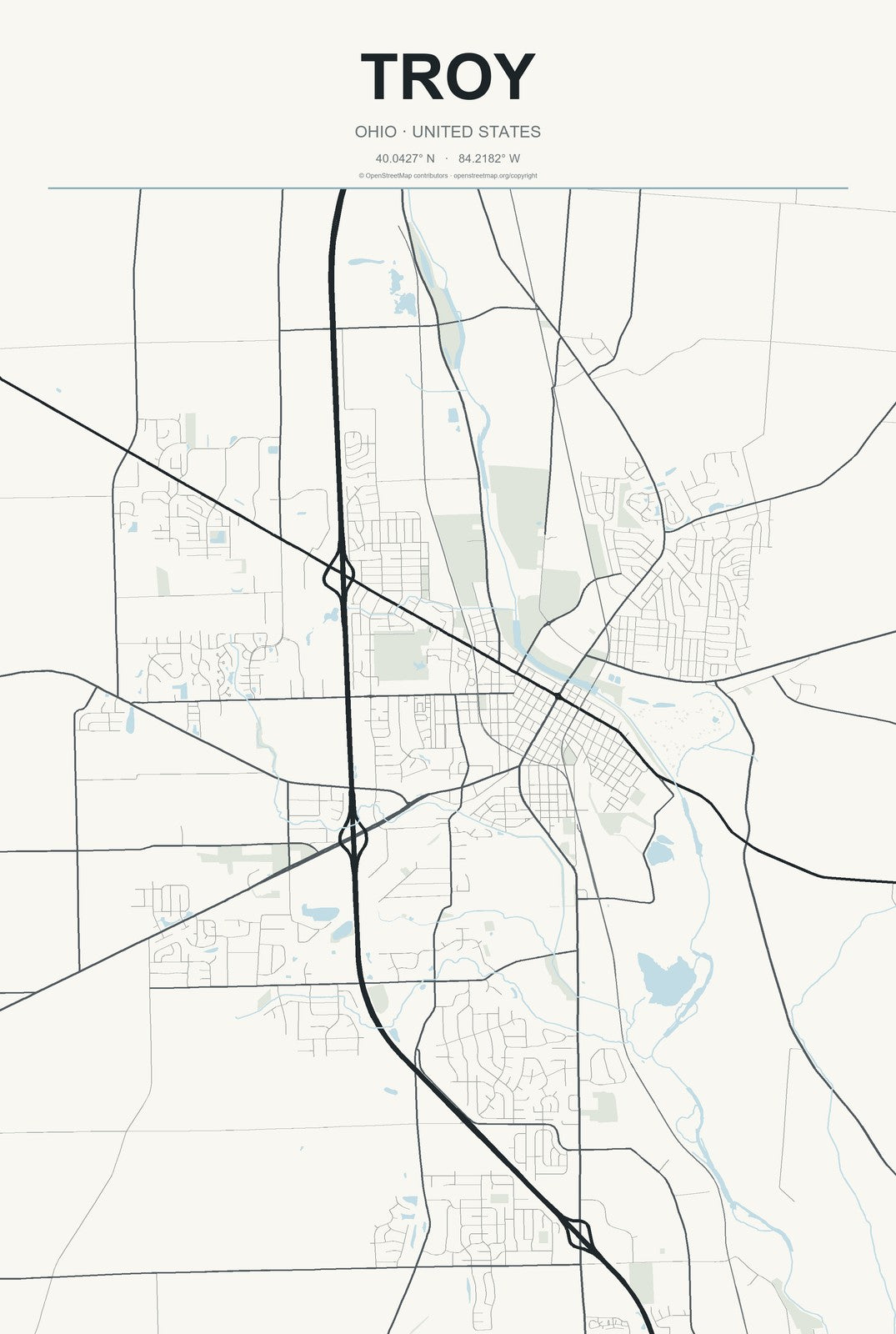 Troy, Ohio City Map Aluminum Sign in Headline Atlas style