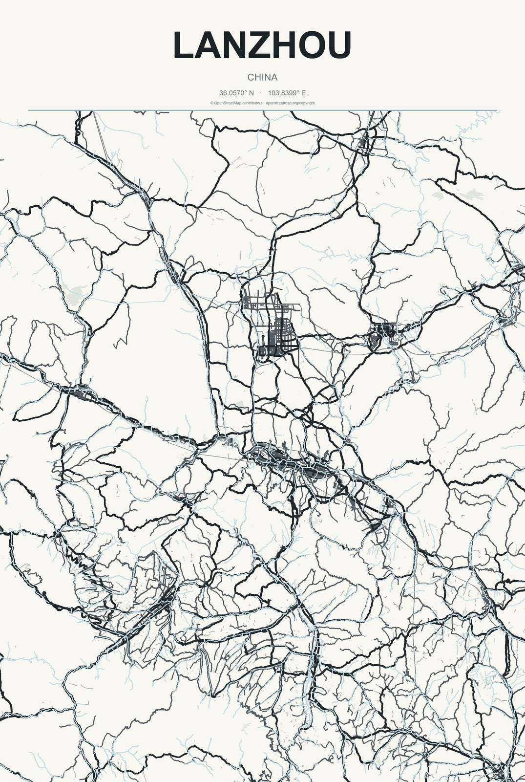 Lanzhou, China City Map Aluminum Sign in Headline Atlas style