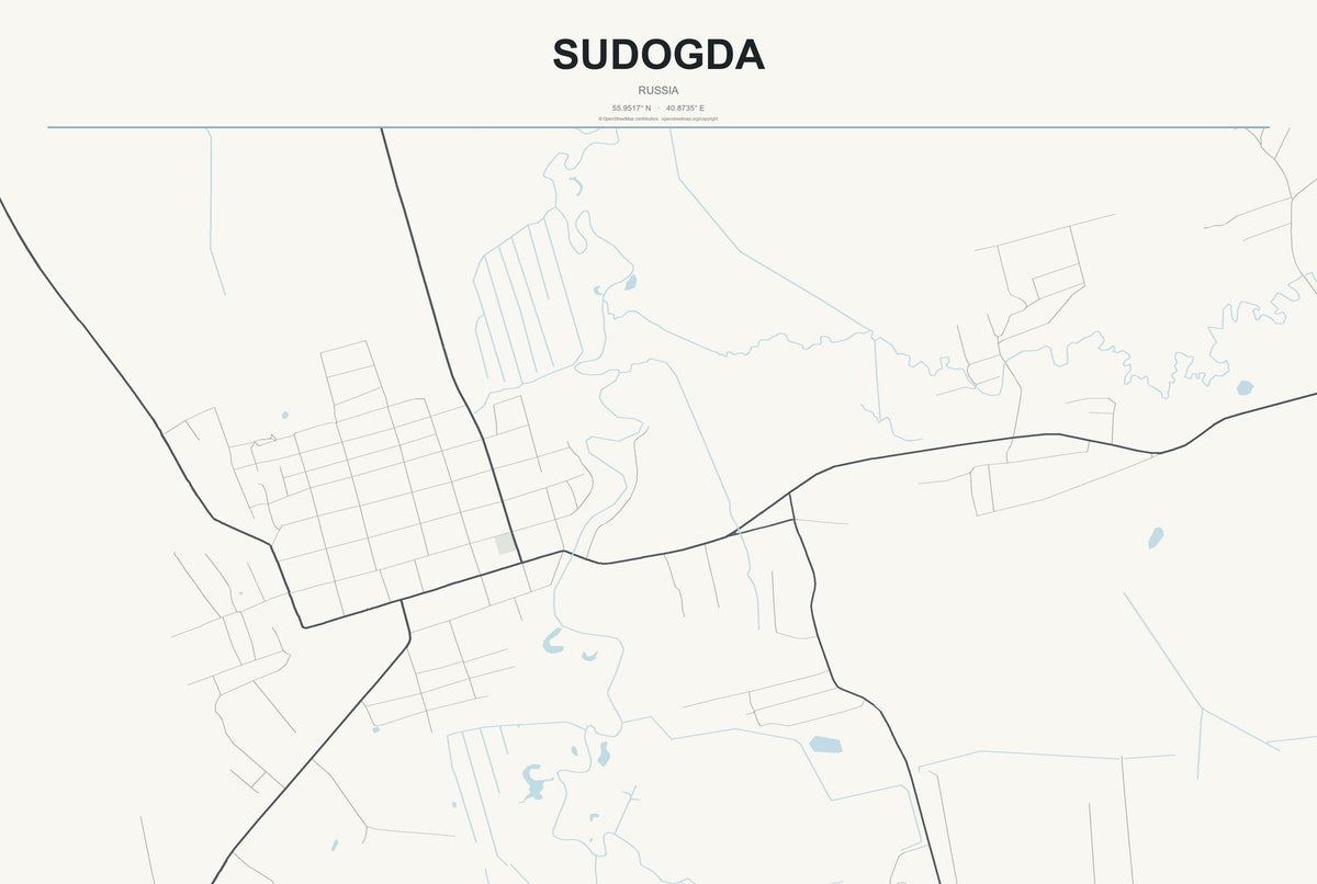 Sudogda, Russia City Map Aluminum Sign in Headline Atlas style