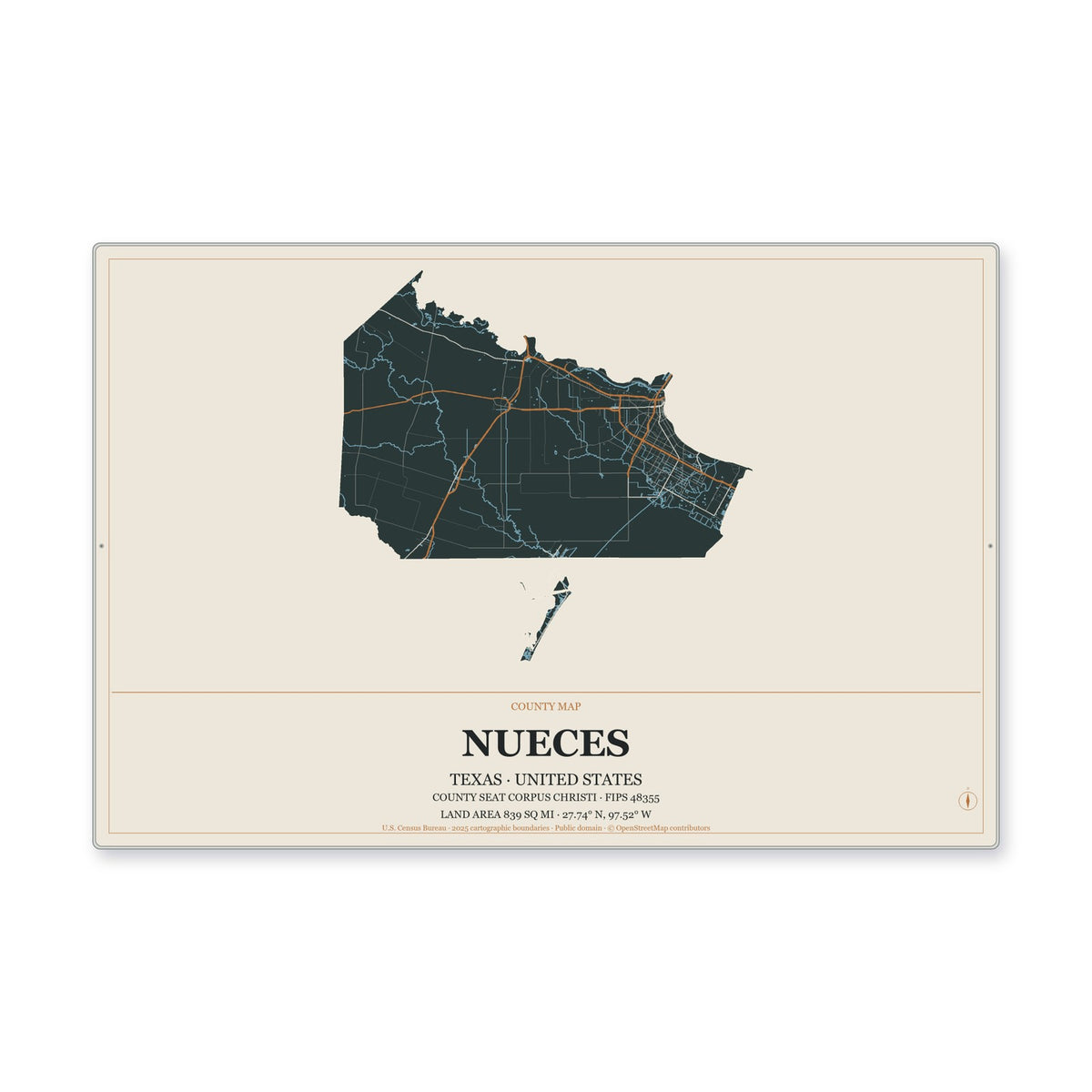 Nueces County, Texas Map Aluminum Sign in Headline Atlas style